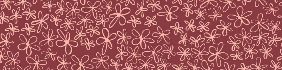 Seamless horizontal border with hand drawn flowers. Floral pattern. Vector illustration.