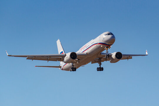 Moscow, Russia - April 03, 2019: Aircraft Tupolev Tu-214VPU RA-64517 of Rossiya - Special Flight Detachment going to landing against blue sky at Vnukovo international airport in Moscow at sunny day