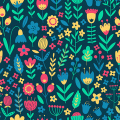 Vector floral pattern in doodle style with decorative flowers on dark blue background. Bright flowers and  leaves seamless pattern. For textiles, clothing, bed linen, office supplies.
