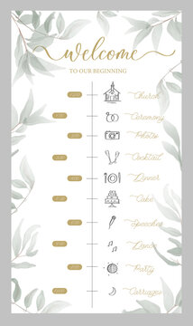 Wedding Timeline menu on wedding day with green watercolor botanical leaves. Abstract floral art background vector design for wedding and vip cover template.