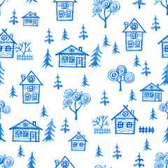 Watercolor winter seamless pattern. Hand drawn houses firtrees and fantasy trees.
