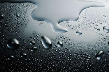 Dark shiny surface with droplets. Close up image of wet shiny background.