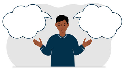 A satisfied man tries to make the right decision. Left and right are empty bubbles. Comparison of the two solutions.