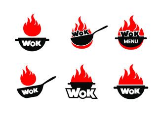 Set of wok logos.Wok Asian cuisine logo for Thai, Korean, Japanese or Chinese restaurant. Vector illustration. - obrazy, fototapety, plakaty