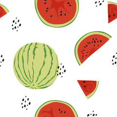 Watermelon seamless vector pattern. Hand drawn fresh fruit. Green and red print