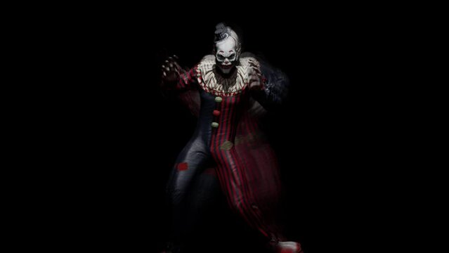 Surrealistic clown dancing. A clown dancing. A nightmarish atmosphere of fear and terror. The concept of a creepy jester. Looping animation with alpha channel is perfect for fantasy backgrounds.