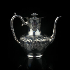 antique metal teapot. silver tea service. metal jug with engraving on a black isolated background