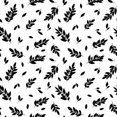 Obraz na płótnie Canvas Seamless vector floral pattern with black leaves. Hand drawn plant black ink silhouettes. Abstract botanical background with decorative leaves for fabric, wrapping and textile. Vector illustration