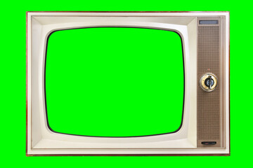 Old vintage TV with green screen for adding video isolated on green background.Vintage TVs 1960s...