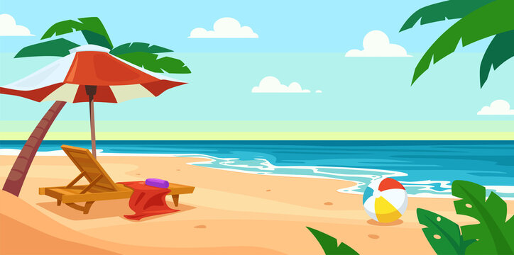 Summer beach near the sea or ocean with palm trees, sun lounger, umbrella and ball. Vector illustration of beach landscape in cartoon style.