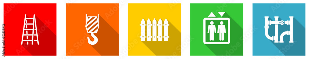 Poster Set of colorful web flat design building service vector icons, technology concept buttons for webdesign and mobile applications on white background
