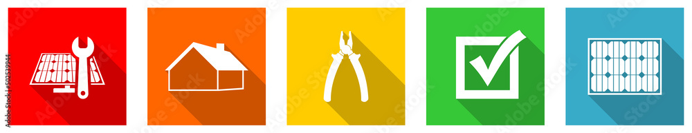 Leinwandbilder Set of colorful web flat design renewable energy service vector icons, solar power,  photovoltaic concept buttons for webdesign and mobile applications on white background