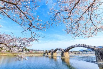 Papier Peint photo Lavable Le pont Kintai Sakura et pont Kintaikyo Ville de Yamaguchi-ken Iwakuni.