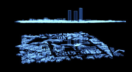 Map of the Tre Torri area in Milan. Hologram, sci-fi, skyscraper skyline. Old fair area. Aerial view of buildings and homes. CityLife Shopping District. Modern architecture. X-ray view, 3d rendering