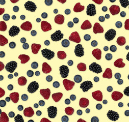 Berries pattern isolated on white. Strawberries, raspberries blackberries and blueberries arranged on white.