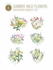 Watercolor wild flowers and blooming herbs bouquets illustrations set