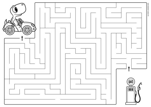 Vector black line printable maze. Format A4. Coloring book educational maze with little dinosaur on car looking for a gas station. Landscape size.