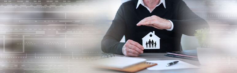 Concept of family and home insurance; panoramic banner