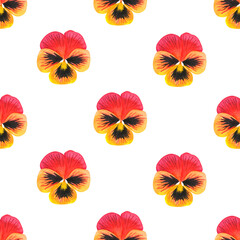Seamless violet pattern. Orange pansies. Watercolor illustration. Isolated on a white background.