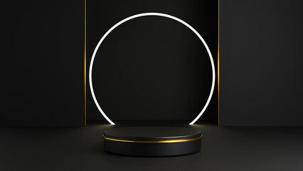3D rendering of black podium with ring light background. Beautiful dark and golden layers triangles backdrop. Luxury scene for products display.