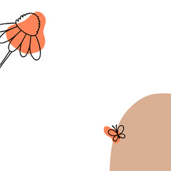 Botanical wedding square invitation card or post cover template design with simple flat wildflower, butterfly and stain in orange and brown colors