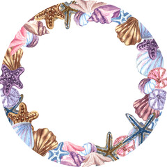 Watercolor nautical, marine frame with lighthouse, anchor, steering wheel, boat and compass. Nautical background