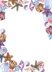 Watercolor nautical, marine frame with lighthouse, lifebuoy, anchor, steering wheel, boat and compass. Nautical background