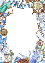 Watercolor nautical, marine frame with lighthouse, lifebuoy, anchor, steering wheel, boat and compass. Nautical background