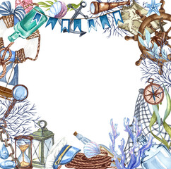 Watercolor nautical, marine frame with lighthouse, lifebuoy, anchor, steering wheel, boat and compass. Nautical background