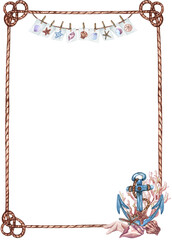 Watercolor nautical, marine frame with lighthouse, lifebuoy, anchor, steering wheel, boat and compass. Nautical background