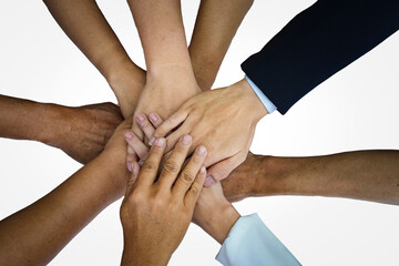 Top view of business people put hands together. Team work and unity business concept