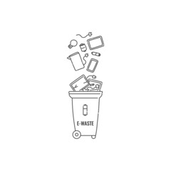 Container dumpster with e-waste electronic garbage sorting and recycling. Vector black white contour doodle isolated illustration.