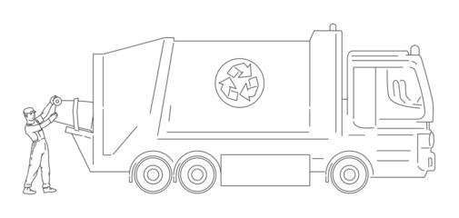 dustman worker with dumpster and truck for recycling. Cleaning environment from trash. Vector black white doodle line illustration.