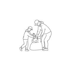 woman and child put garbage in bag clean environment from trash and waste. Vector black white doodle line illustration of solving environmental problems.