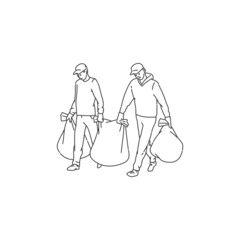 volunteers men clean environment from waste in bags. Vector doodle black white line illustration of solving environmental problems.