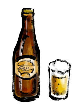 瓶ビールとコップに入ったビール手描き和風イラスト