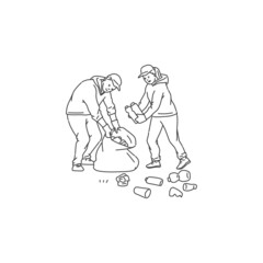 volunteers man and woman clean environment from trash and sorting waste in bags. Vector black white doodle line illustration of solving environmental problems.