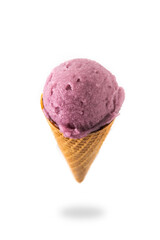 Blueberry ice cream cone floating in the air isolated on white background