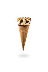 Vanilla and chocolate ice cream cone floating in the air isolated on white background