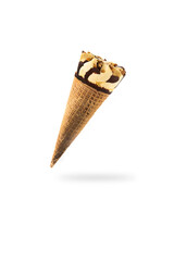 Vanilla and chocolate ice cream cone floating in the air isolated on white background