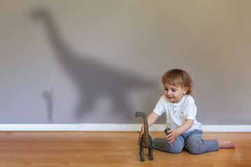 Naklejka premium Preschool boy playing with dinosaur toy indoor. Child's imagination concept. Shadow on the wall. 