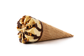 Vanilla and chocolate ice cream cone isolated on white background