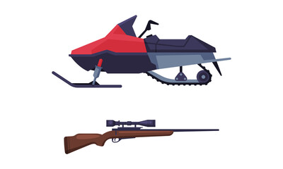 Fototapeta Snowmachine and Long Rifle as Hunting Accessory Vector Set obraz