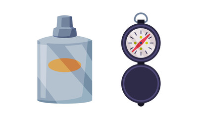 Metal Flask and Compass as Hunting Accessory Vector Set