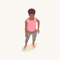 Standing afro american woman. Sport girl illustration. Casual sportwear - t-shirt, breeches and sneakers. Young woman wearing workout clothes. Sport fashion girl outline in urban casual style.