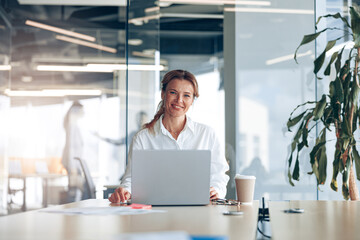 Portrait of smiling lady boss working on laptop at workplace in modern office. Blurred background