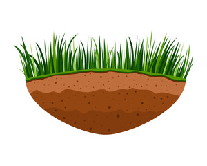 Piece brown earth with lawn. Vector illustration isolated on white. Flying island with green meadow grass in flat style.