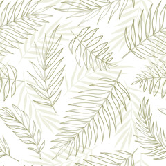 Vector seamless pattern of hand drawn tropical leaves. Jungle line palm leaves. Nature floral background for wrapping paper, print, fabric, web, wallpaper. Summer botanical banner. Foliage texture