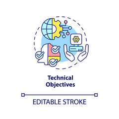 Technical objectives concept icon. International cooperation targets abstract idea thin line illustration. Isolated outline drawing. Editable stroke. Arial, Myriad Pro-Bold fonts used