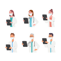 Set of doctor cartoon characters, hospital medical team concept in various poses. Vector Illustration
